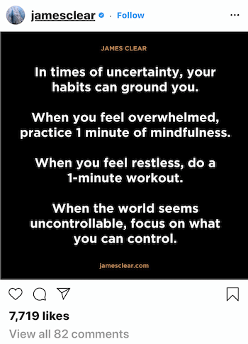 James Clear Instagram-innlegg om hvordan vaner kan føre til at du blir usikker