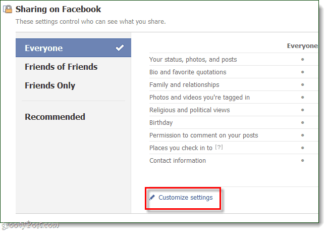 under deling på facebook, klikk tilpasse innstillinger