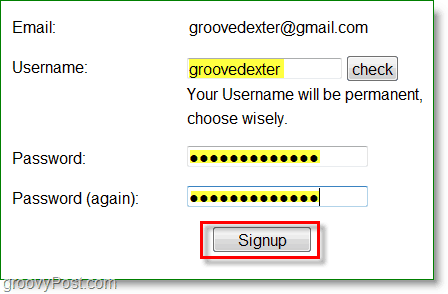 Gravatar skjermdump - skriv inn et brukernavn og passord