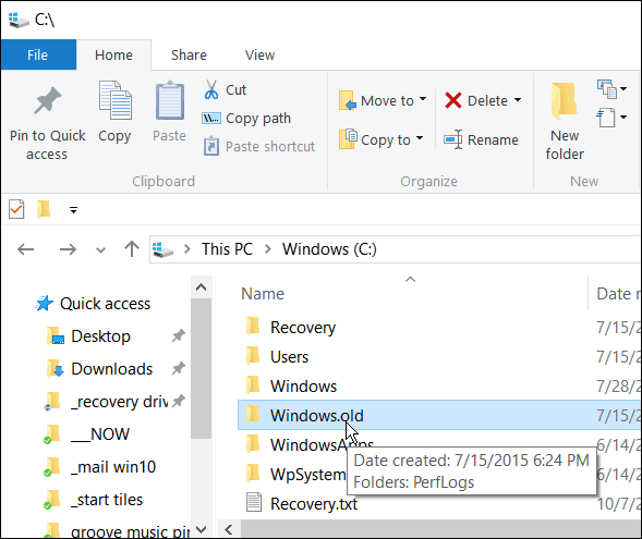 Ikke slett Windows.old hvis du vil gå tilbake fra Windows 10 til en tidligere versjon i løpet av de første 30 dagene