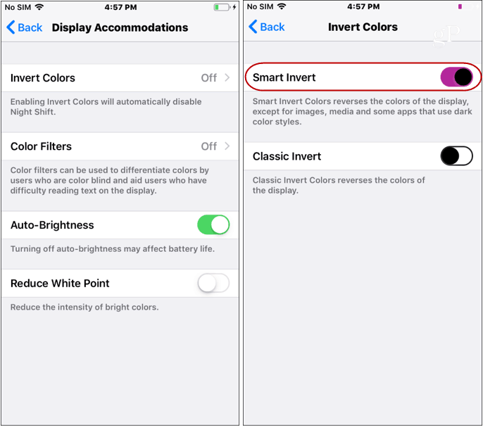 Innstillinger for iOS mørk modus inverterer farger
