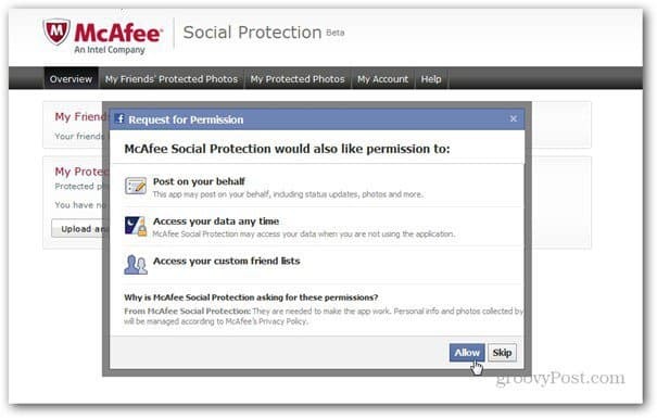 mcaffee sosial beskyttelse tillater facebook