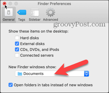 Klikk på rullegardinlisten for New Finder-vinduer i Finder-innstillinger på Mac-en
