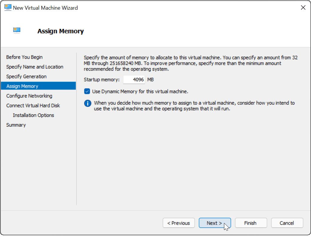 Spesifiser RAM VM