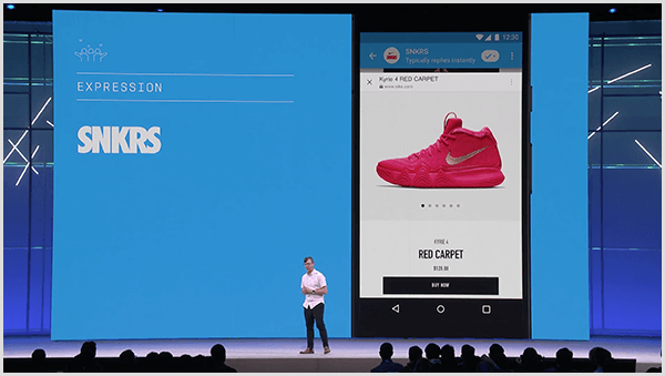 Molly Pittman sier at Facebook F8 utviklerkonferanse viser fremtidig bruk av chatbots. Konferansen forhåndsviste en sneaker shoppingfunksjon med utvidet virkelighet i Messenger.