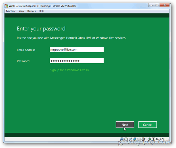 VirtualBox Windows 8 lenke live id