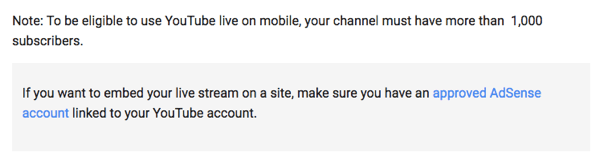 YouTube Live via mobil krever at du har 1000 eller flere følgere for kanalen din.