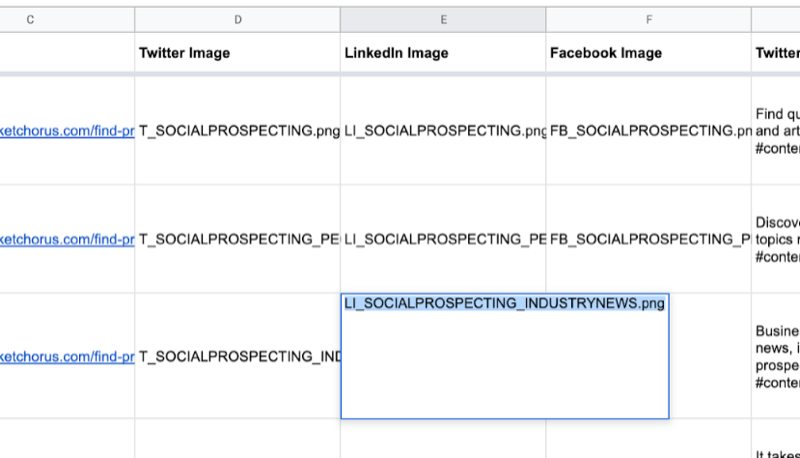 eksempel på google-ark med delvis data fylt ut for twitter, linkedin, facebook-bildenavn som nettopp opprettet i canva
