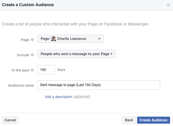 Velg alternativet for å opprette et publikum av personer som har sendt en melding til Facebook-siden din.