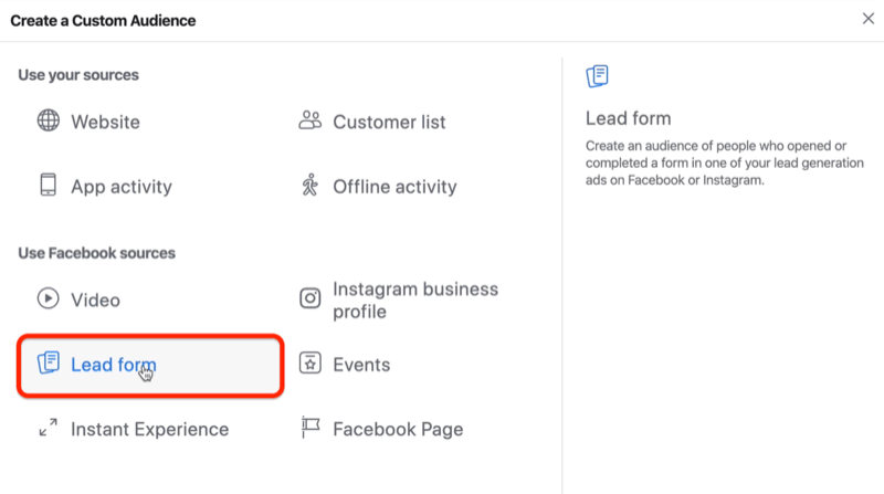 Lead Form-alternativ for tilpasset publikum på Facebook