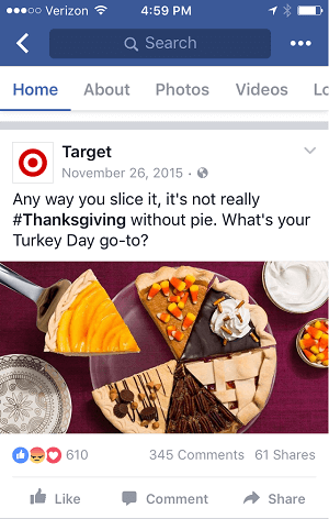 Dette Thanksgiving-innlegget fra Target viser godt på både stasjonære og mobile feeder.