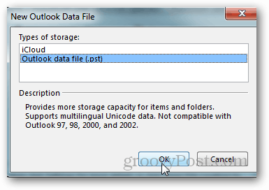 hvordan lage pst-fil for Outlook 2013 - klikk på Outlook-datafil