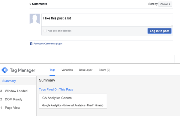 Bruk Google Tag Manager med Facebook, trinn 23, forhåndsvisning av kommentar med sammendragsvalg for sparket Facebook Tag
