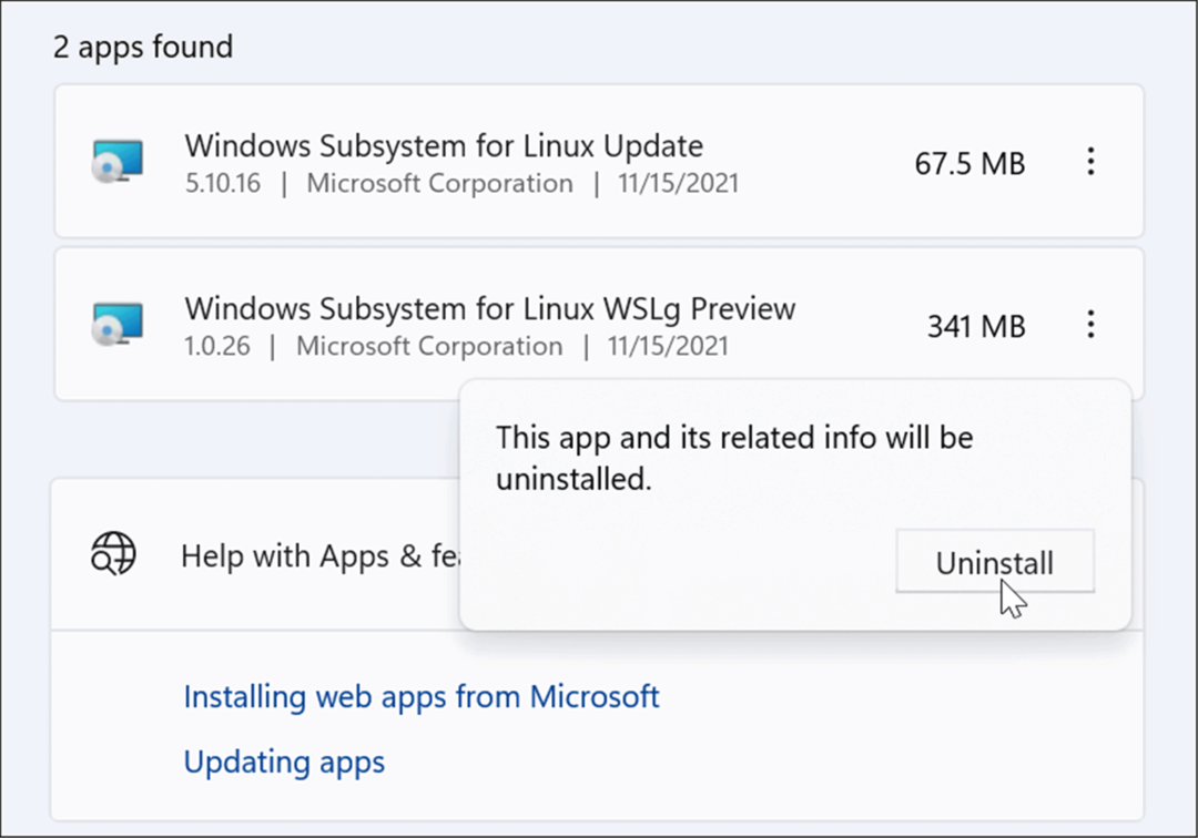 bekreft avinstaller Linux fra Windows 11