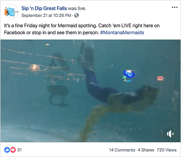 Dette er et skjermbilde av en live video av havfruehowet på Sip ‘n Dip Lounge. Jay Baer sier havfrueshowet er et eksempel på en snakkutløser.