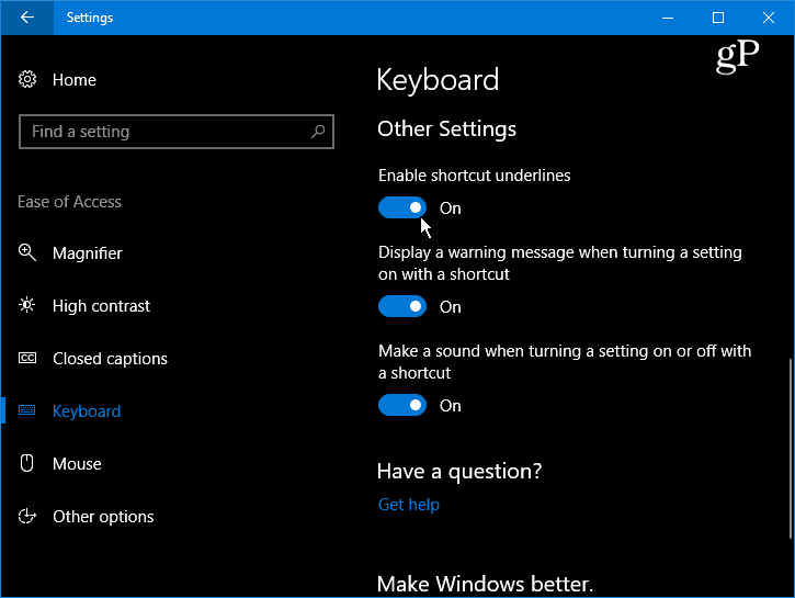 Gjør Windows 10 understreking og fremhev snarveistaster