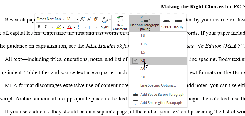 mellomrom bruk mla-format i Microsoft Word
