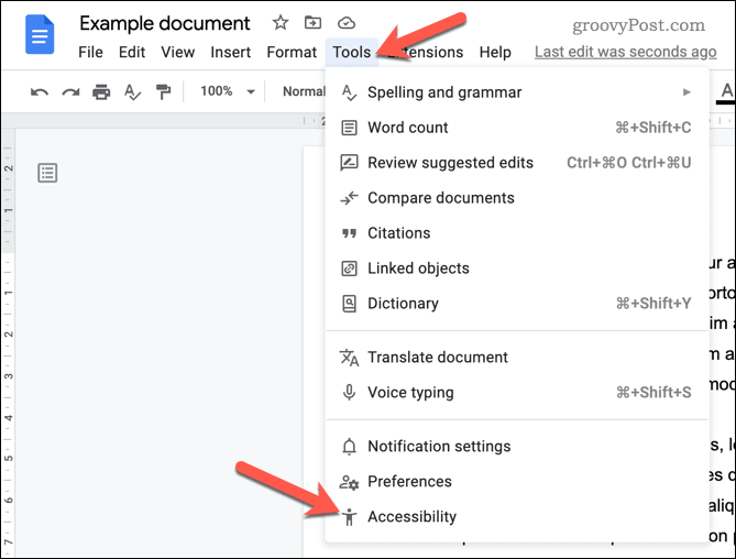 Åpne tilgjengelighetsmenyen for Google Dokumenter