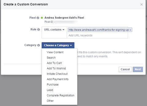 facebook tilpassede konverteringskategori