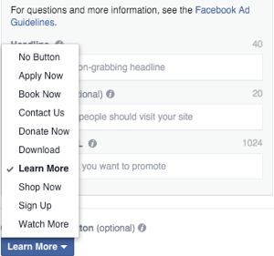 facebook karusell annonse bilde valg til handling knapp
