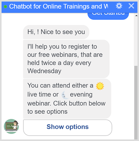 En Messenger-bot guider bruker gjennom registrering av webinar.