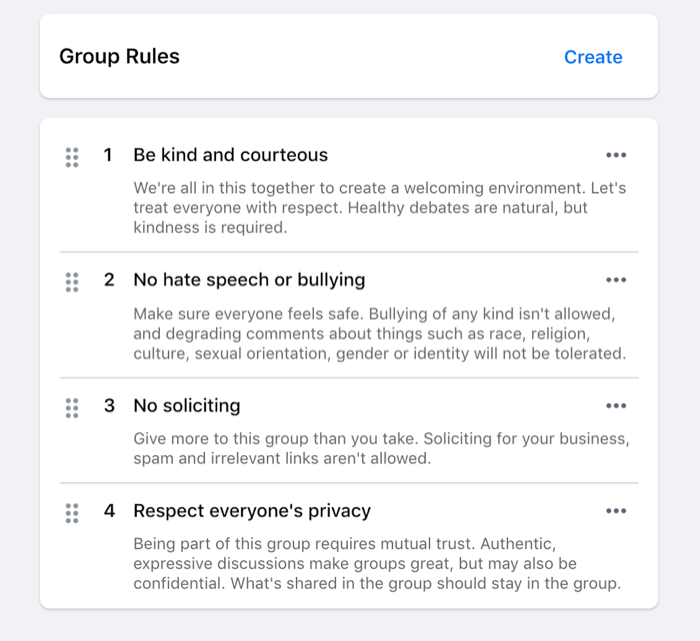 eksempel på regler som er satt for en facebookgruppe som vær snill, ingen hatytringer, ingen anmodninger osv.