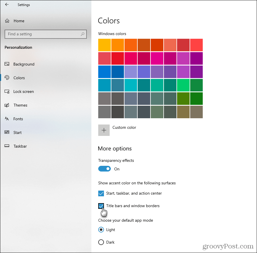 Vis aksentfargealternativer i Windows 10