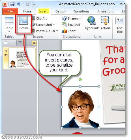sett inn bilder i gratulasjonskortet fra powerpoint