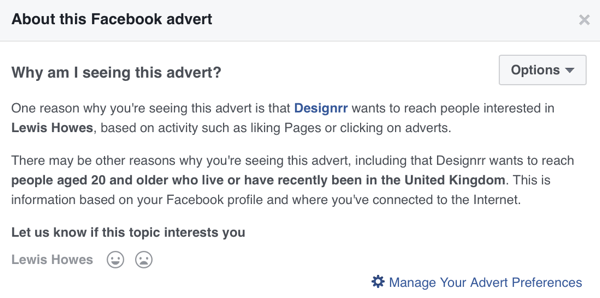 Facebook vil vise detaljert målrettingsinformasjon for en Facebook-annonse.
