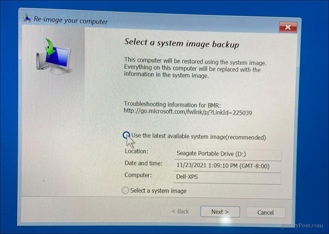 Velg System Image Backup