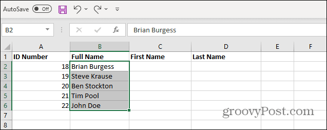 Velg Navn fra List Excel