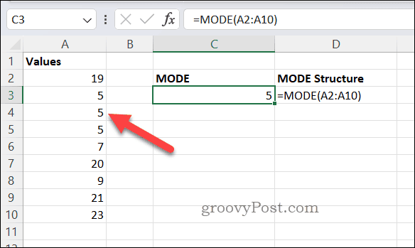 MODE-formelresultat i Excel