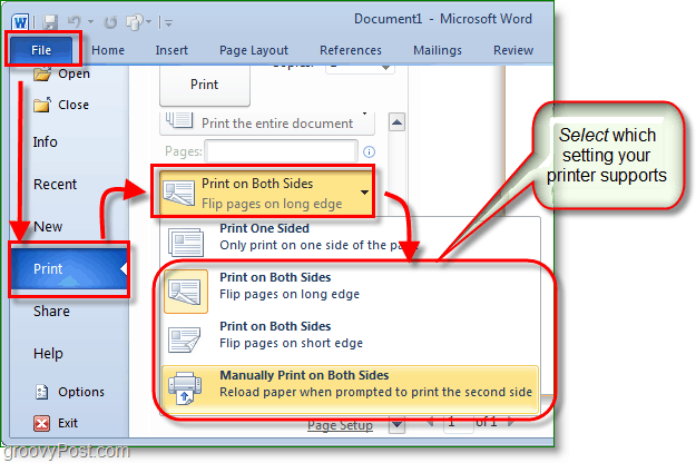 Skjermbilde fra Micosoft Word 2010 justerer utskriftsinnstillingene slik at de skrives ut på begge sider