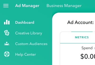 Ad Manager har fire hoveddeler som du har tilgang til øverst til venstre på siden.