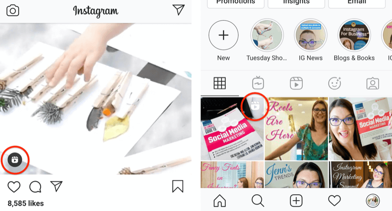 instagram hjul ikon vist på en feed innlegg og på en profil rutenett