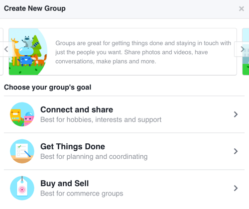 For å opprette en Facebook-gruppe med fokus på å bygge et fellesskap, velg Koble til og del.