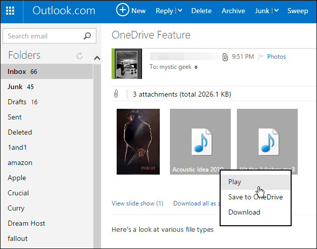 Lagre Outlook.com vedlegg til OneDrive med et klikk