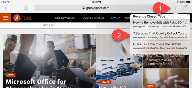 Trykk og hold på plussikonet i Safari for iPad