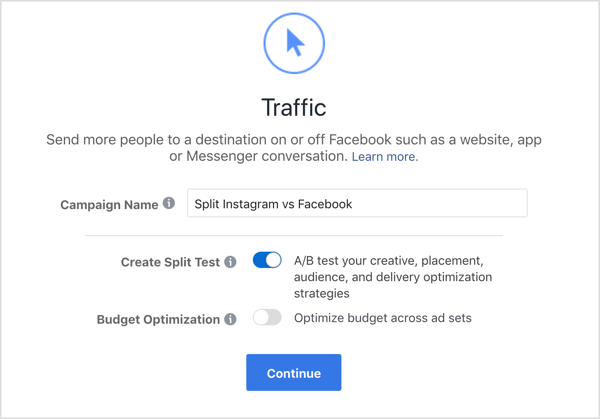 Legg til kampanjenavn og velg Opprett delt testalternativ for Facebook-trafikkampanje