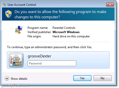 Du kan overstyre en begrensning av foreldrekontrollen i Windows 7 ved å oppgi et administratorpassord