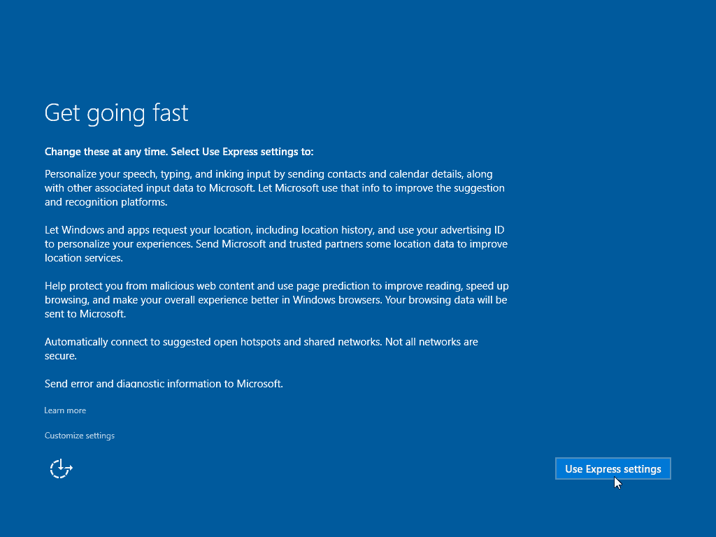 13 Bruke ekspressinnstillinger Windows 10 Clean Install