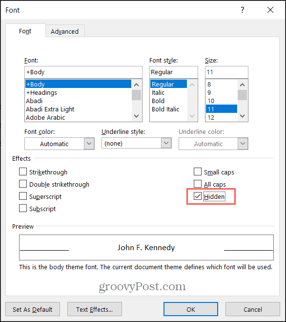 Merk av for Skjult tekst i Microsoft Word på Windows