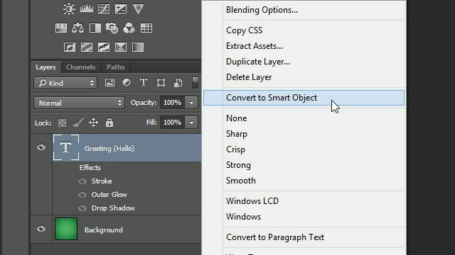 Cheat Photoshop Text Layer Transformations Trick lag effekter deaktivert lag panel Photoshop konvertere til smart objekt
