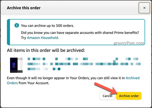 Bekrefter ordrearkivering på Amazon