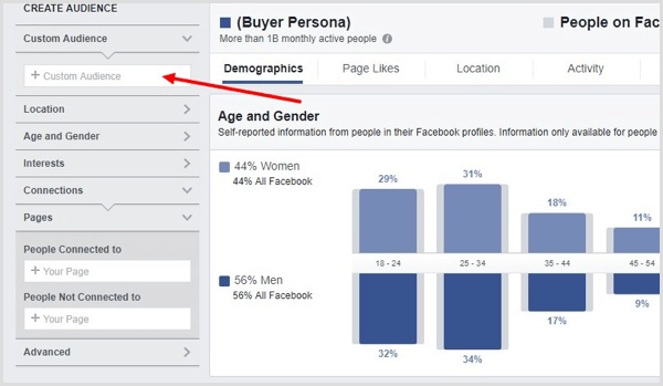 I Facebook Audience Insights velger du et tilpasset publikum du har opprettet.
