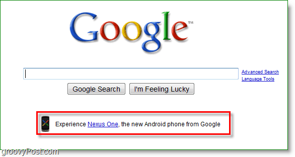 Nexus one som blir annonsert på Googles hjemmeside.