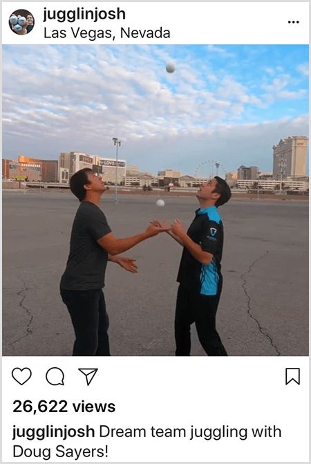 Et Josh Horton Instagram-bilde av samarbeid med Doug Sayers. Toppen av innlegget lokaliserer bildet i Las Vegas, Nevada. To hvite menn står i et tomt parti mot hverandre mens de ser opp på kulene de sjonglerer med.