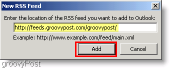 Skjermbilde Microsoft Outlook 2007 - Skriv inn ny RSS-feed