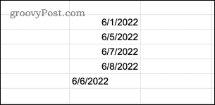 Eksempel på tekstdatoverdier i Google Sheets