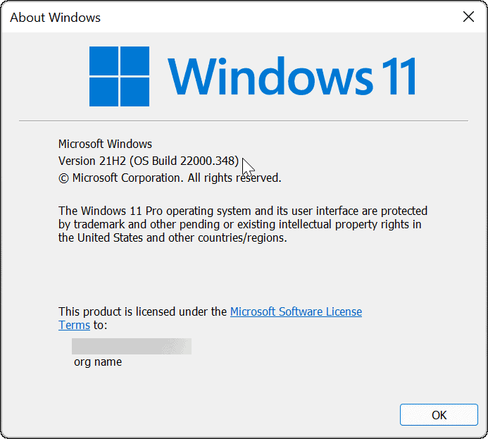 Versjon og bygg Windows 11 via winver-kommando